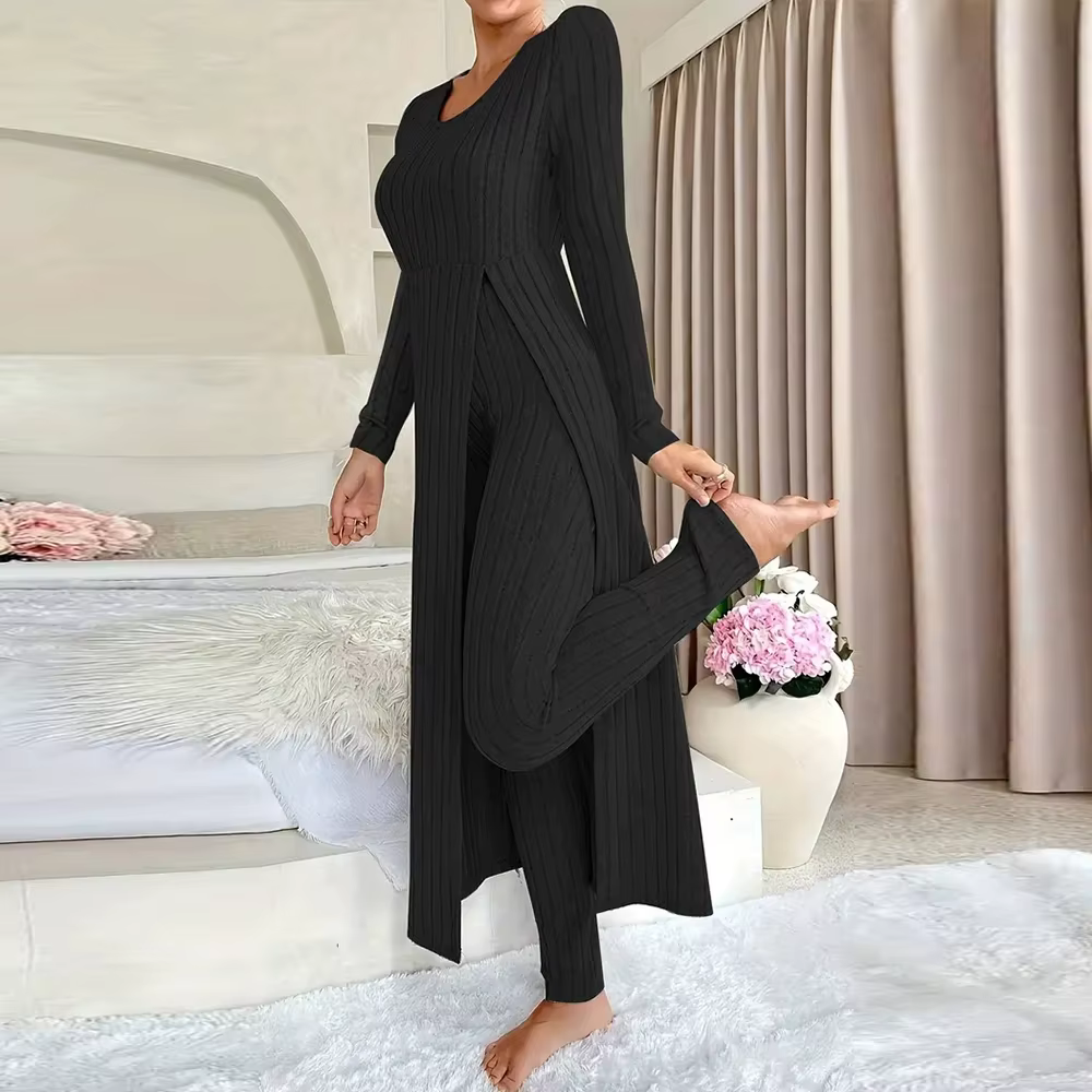 Ensemble de tenues décontractées pour femmes, vêtements de maison, couleur unie, côtelé, manches lon