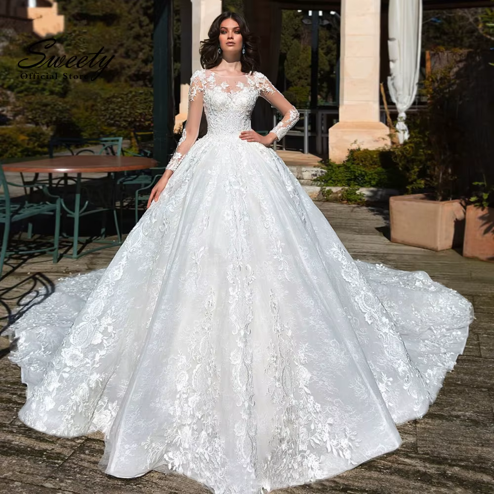 Robe de Mariée de Luxe en Organza Perlé, Tenue de Bal Brodée, Col Rond, Manches sulf, à Lacets, Pers