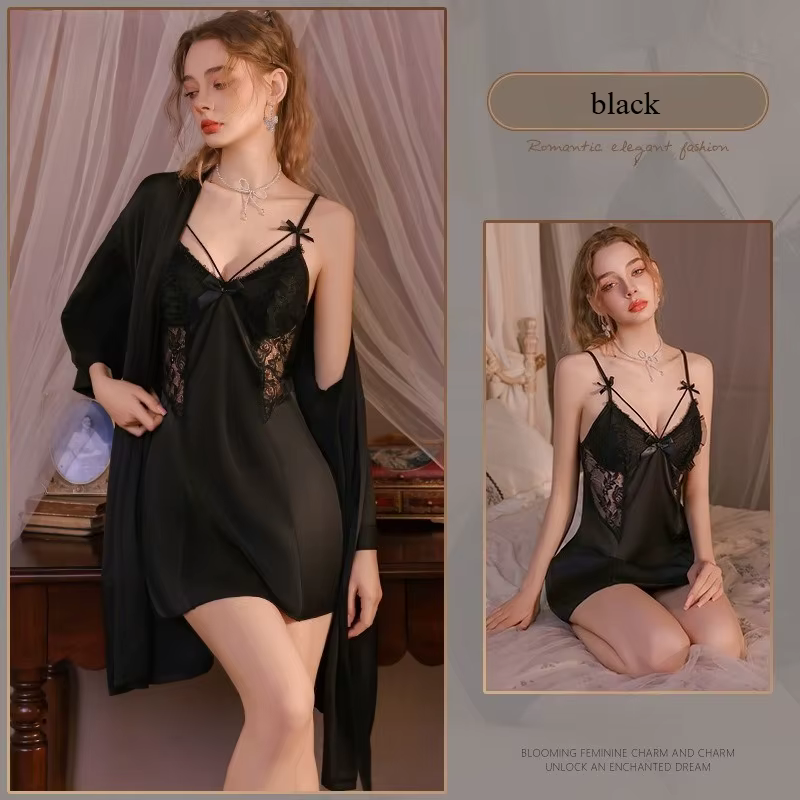 Ensemble de pyjama et robe de chambre en satin ajouré avec nœud en dentelle, dos nu, avec coussinets
