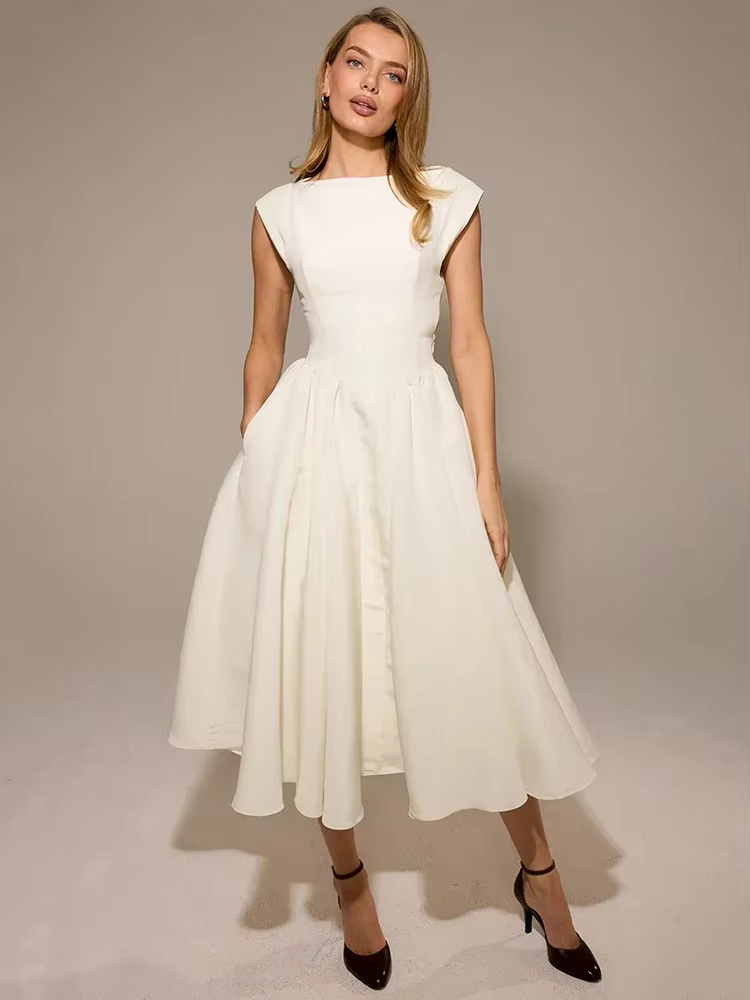 Oligai Robe Longue Crème Femme - Robe Élégante Manches Cape Dos Nu Coupe Cintrée Évasée pour Anniver