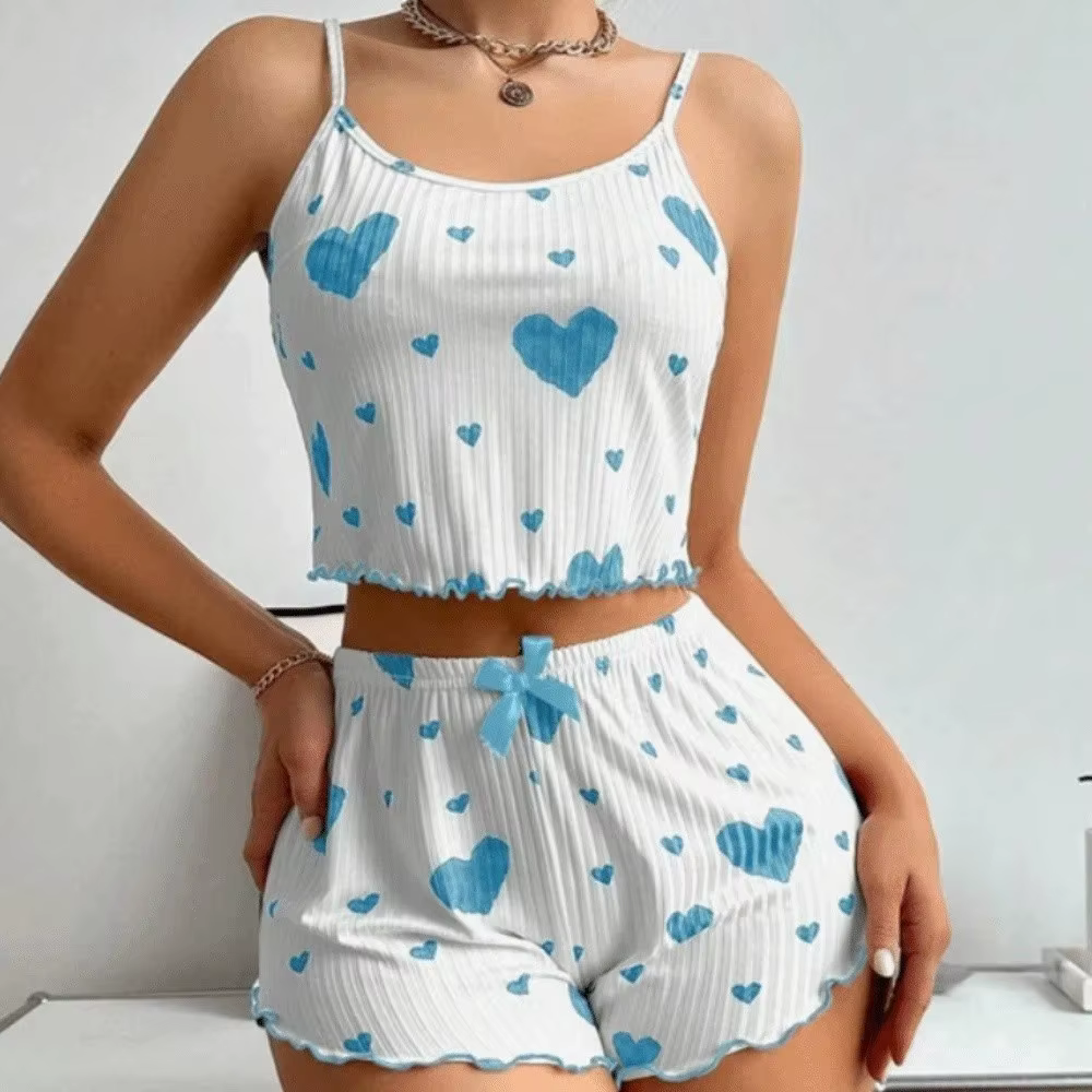 Ensemble de pyjama décontracté pour femme avec motif cœur, nœud, deux pièces, tenue d'intérieur, pyj