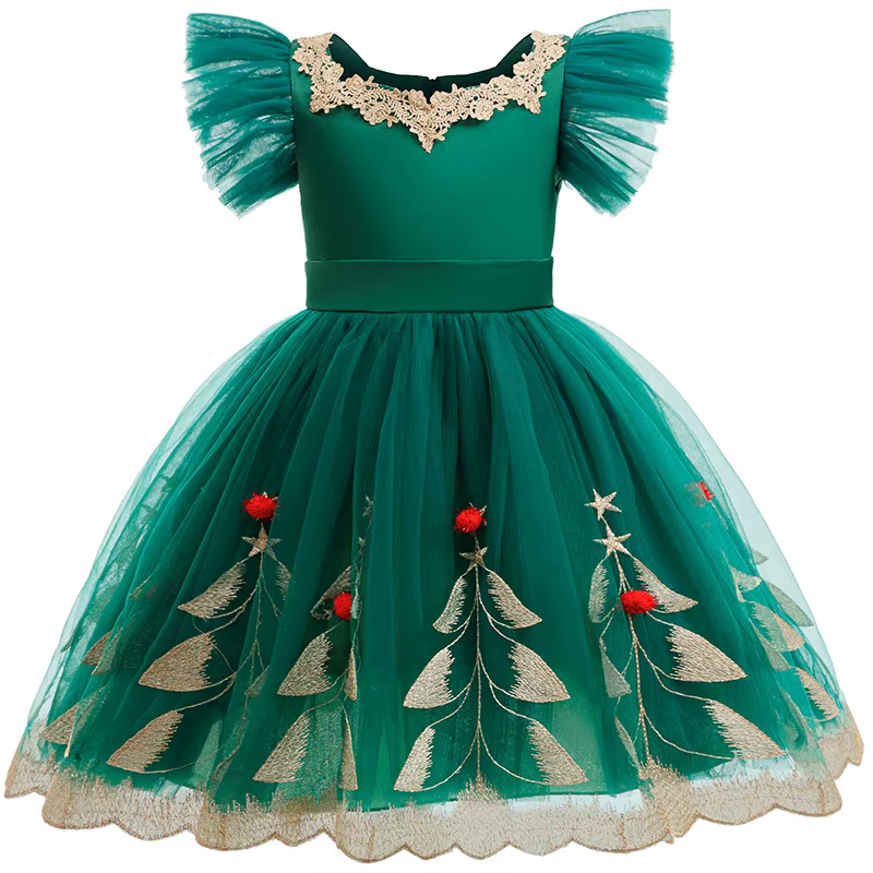 Robes de soirée de noël pour filles, en Tulle vert, broderie d'arbre de noël, robe de princesse élég