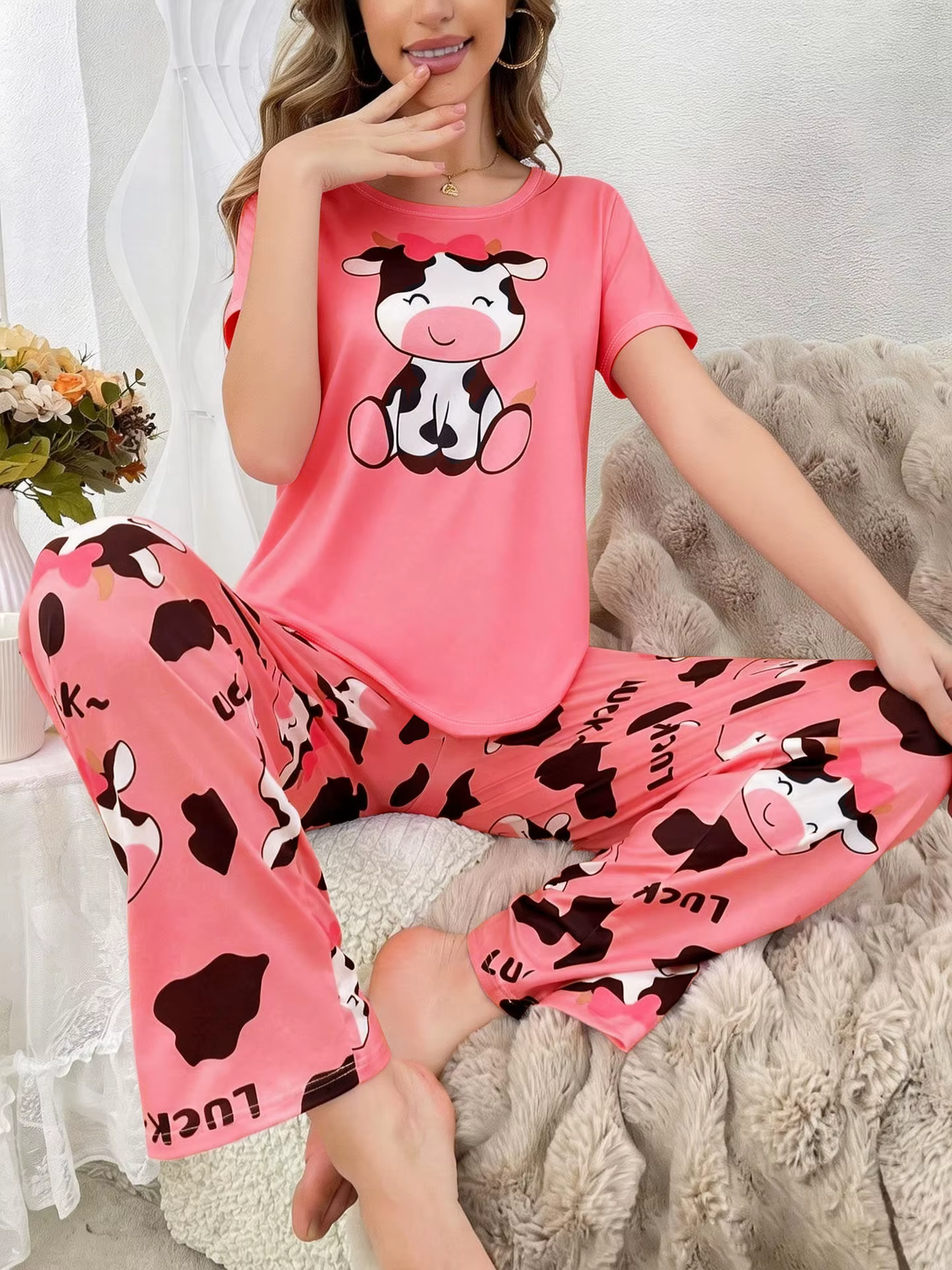 Pyjama Femme 2 Pièces Ensemble Manches Courtes Vêtements de Nuit Tenue d'Intérieur pour Femme Pyjama