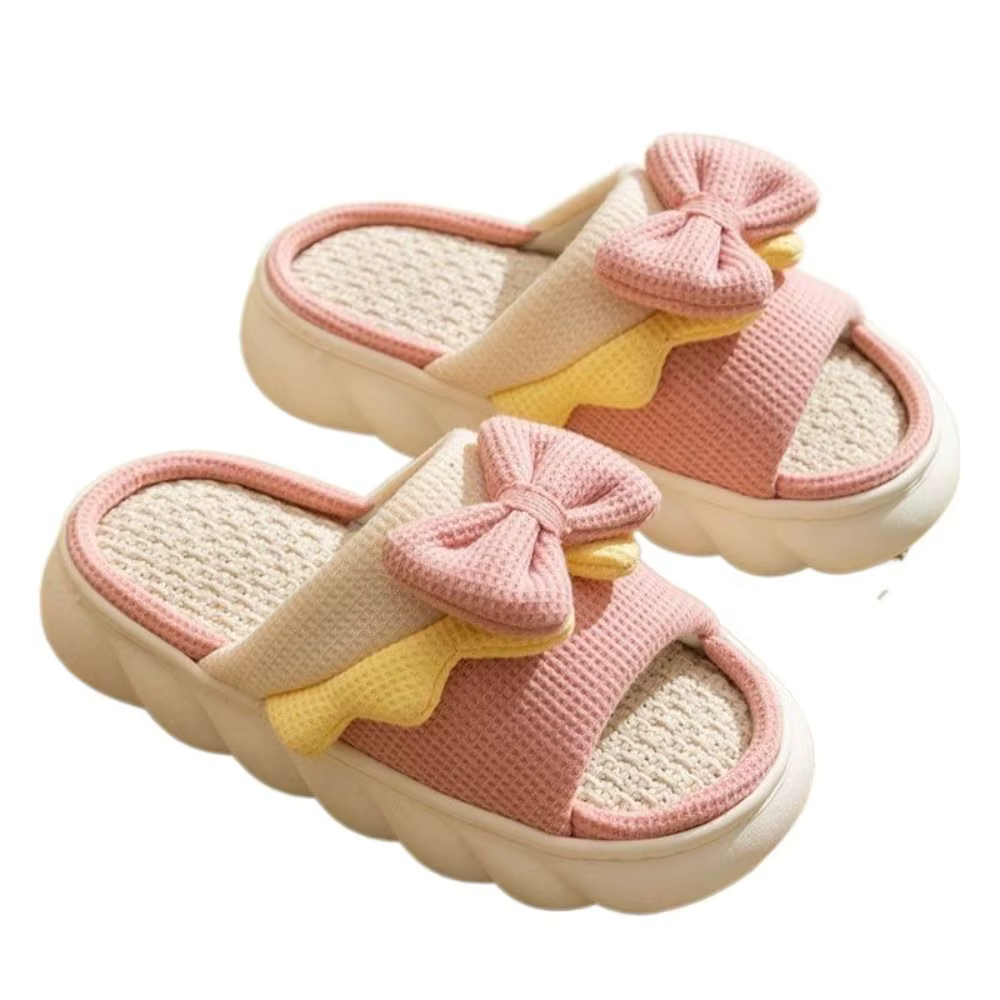 1 paire antidérapant nœud papillon femme lin pantoufles semelle épaisse orteil et trou nœud papillon