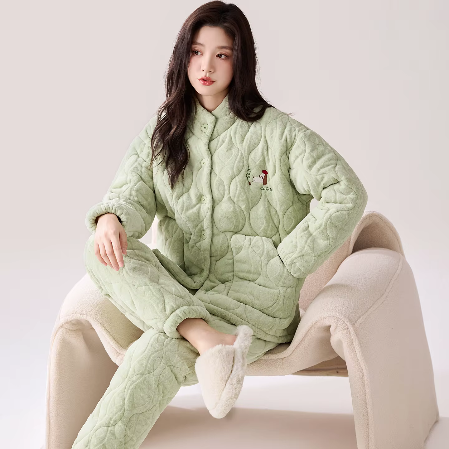 Hiver femmes vêtements trois couches pince coton Pijama femme épais vêtements de nuit