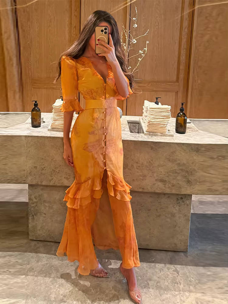 Robe longue élégante à imprimé floral pour femme, décontractée, à manches longues, avec ourlet à vol