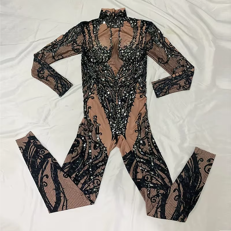 Combinaison Bodysuit Leggings Noire Sexy avec Strass et Pierres, Tenue de Soirée, de Bar, de Bal, de