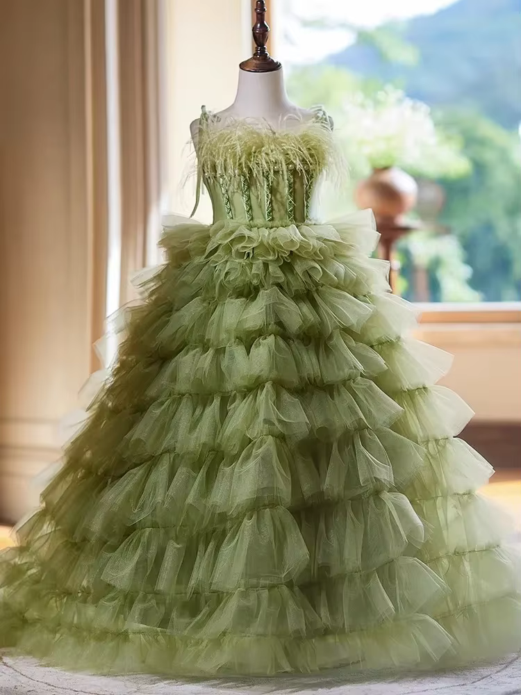 Robe de princesse verte pour filles, tenue de concours de Piano pour enfants, défilé de mode, tenue 