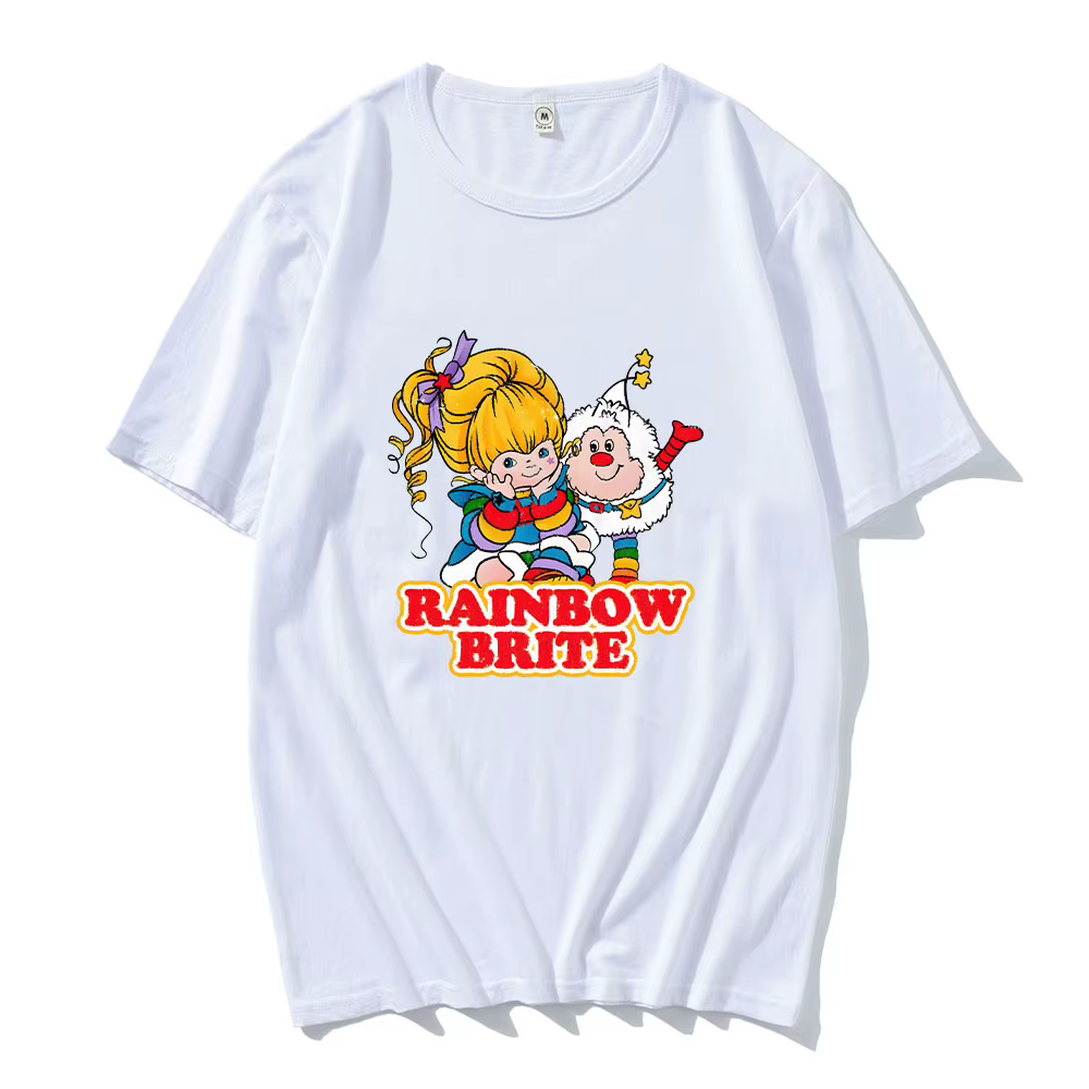 T-shirt à col rond en pur coton pour femme, imprimé dessin animé, arc-en-ciel, Brite, t-shirt vintag