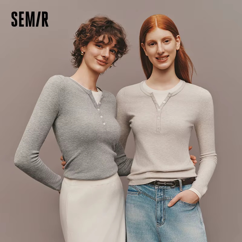 Semir tricoté pull femmes hiver col Henley faux deux pièces chauffeur antibactérien antistatique min