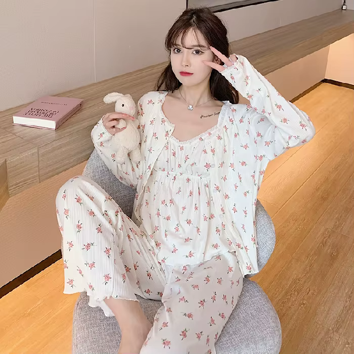 Pyjama trois pièces en coton pour femmes, pantalon à manches longues, Sexy, motif Floral, vêtements 