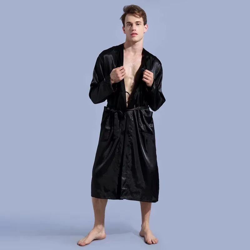 Robe en Satin pour hommes, col en V, Kimono, peignoir Long, pyjama, vêtements de nuit, Robes de noël