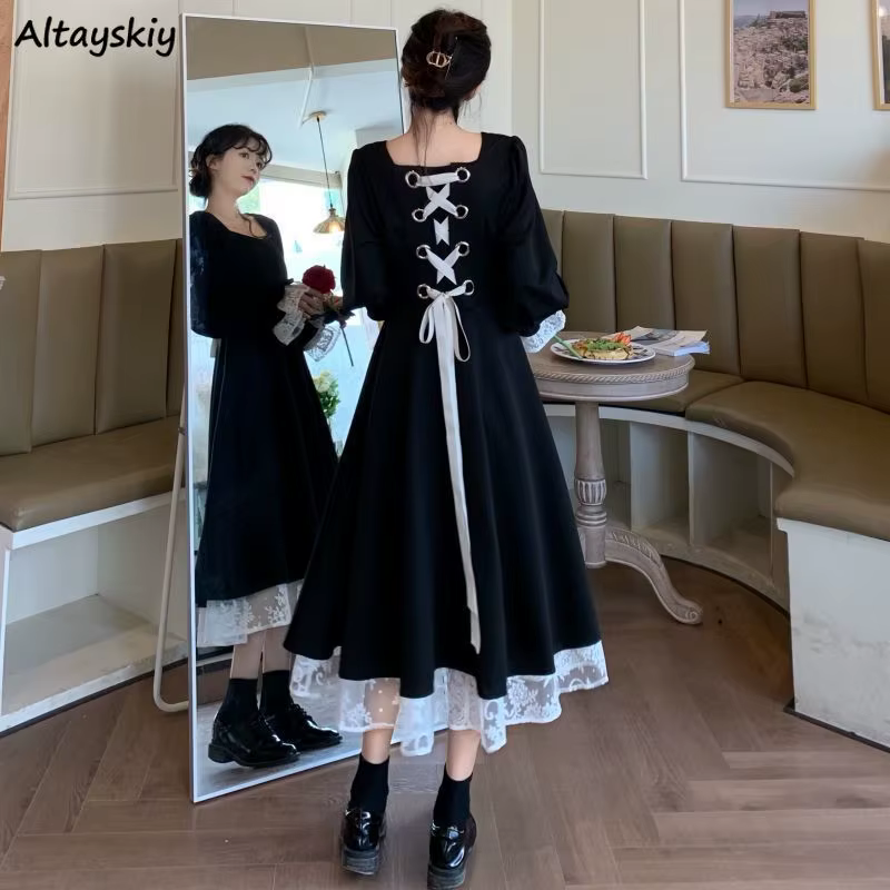 Robe à manches longues pour femmes élégantes Ins Black All-match Fashion Spring M-4XL Square Collar 