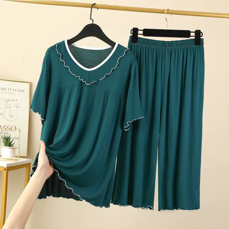 Ensembles de Pyjamas pour femmes nouveau col en V à manches courtes Capri pantalon costume Modal déc