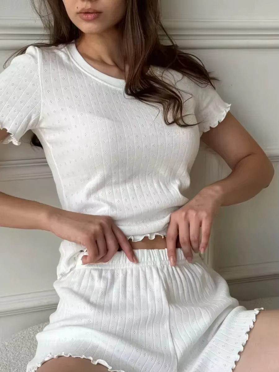 Ensemble de pyjama pour femme, style décontracté et tendance, jacquard à bordure festonnée, coupe aj