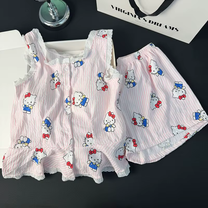 Ensemble pyjama d'été en coton nuage Hello Kitty pour femme avec soutien-gorge intégré, débardeur et