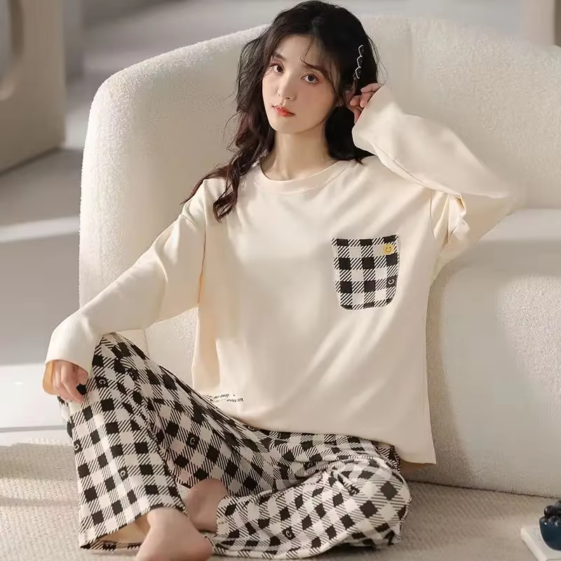 Pyjamas pour femmes au printemps et en automne, manches longues, vêtements de maison simples et ampl