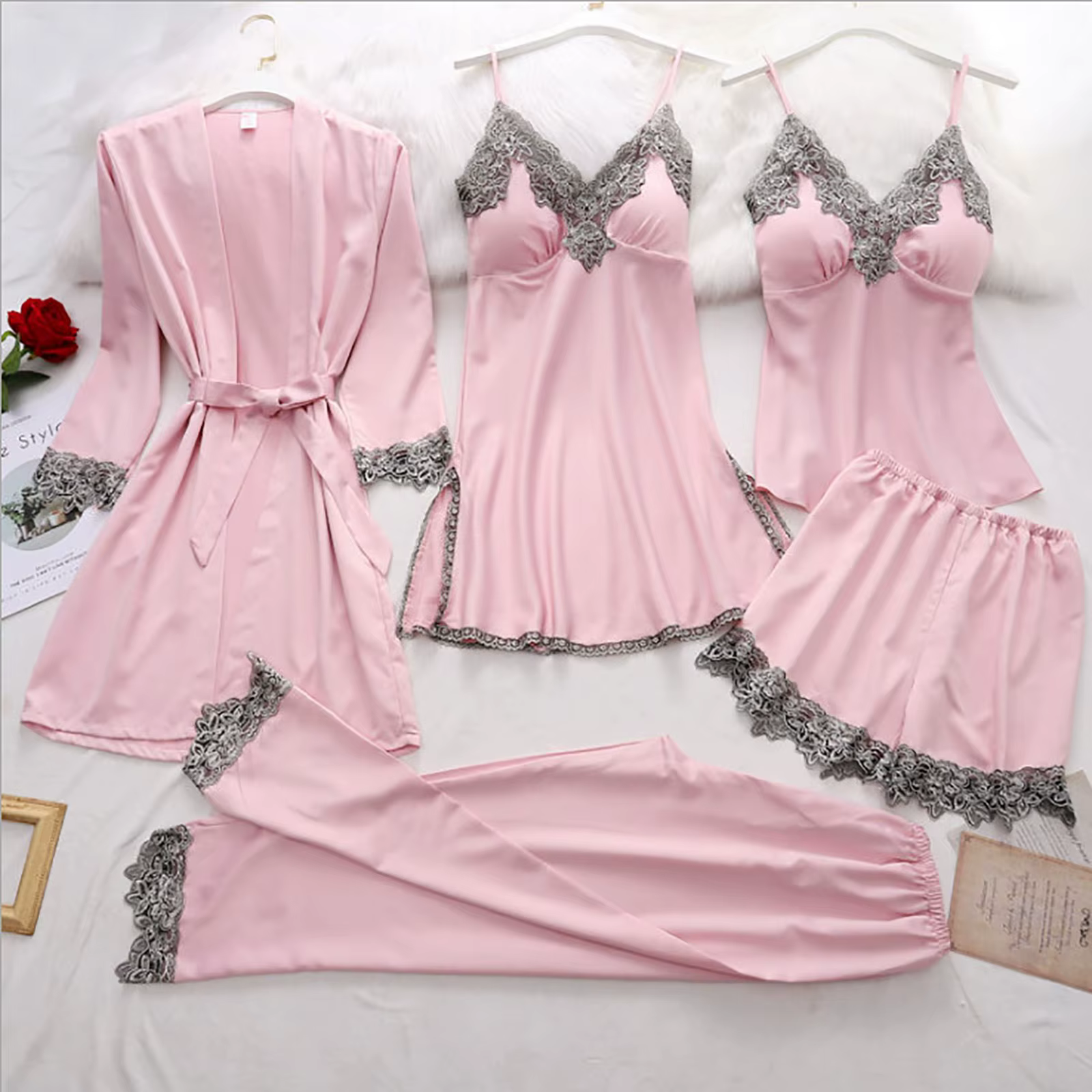 5 pièces femmes pyjama ensembles quatre saisons dentelle brodé soyeux vêtements de nuit pyjamas Home