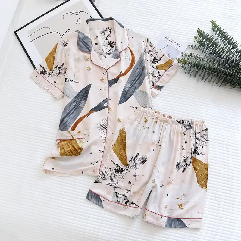 Nouveau 100% viscose à manches longues pantalon dames pyjama costume style simple pyjama court ensem