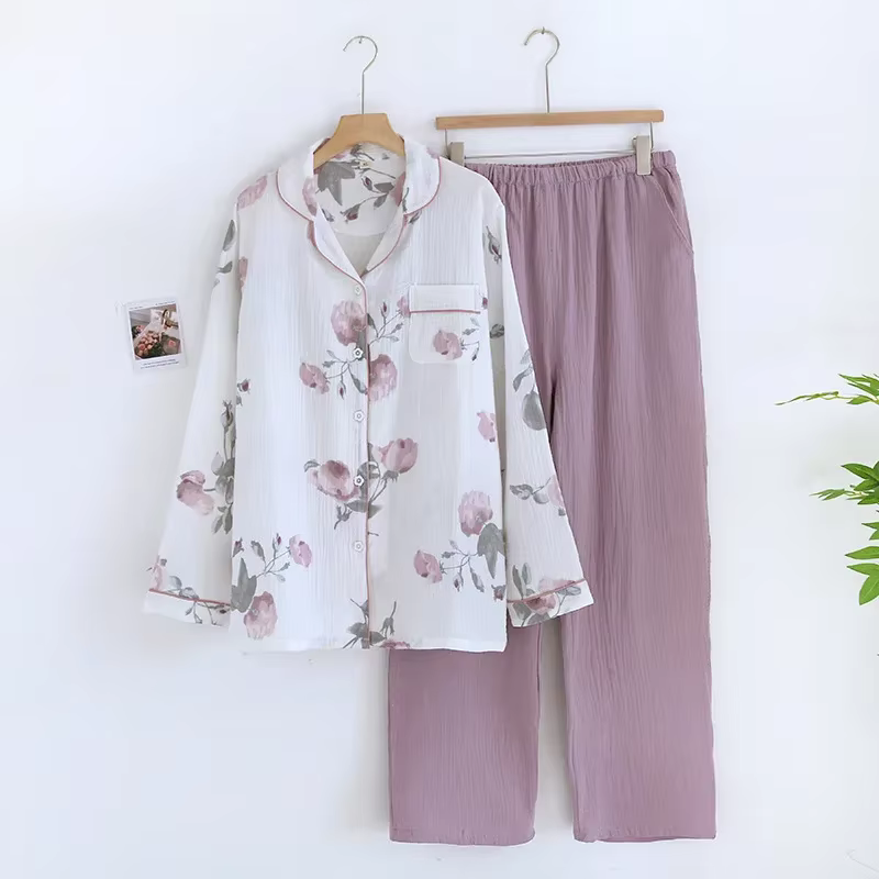Ensemble pyjama japonais en crêpe de coton pur pour femmes, minimaliste, manches longues, deux pièce