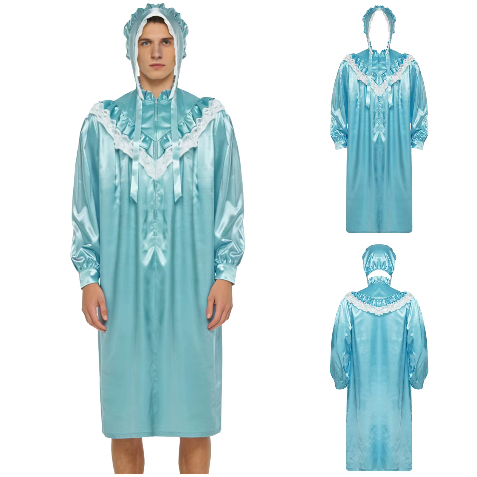 Pyjama vintage pour homme, chemise de nuit victorienne avec chapeau, dentelle à volants, manches lon