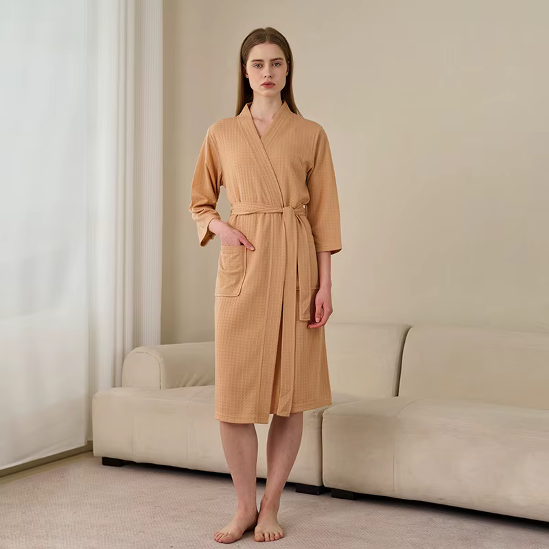 Peignoir Homme en Tissu Gaufré Léger et Doux, Robe de Spa avec Poches et Ceinture, Respirant et Abso