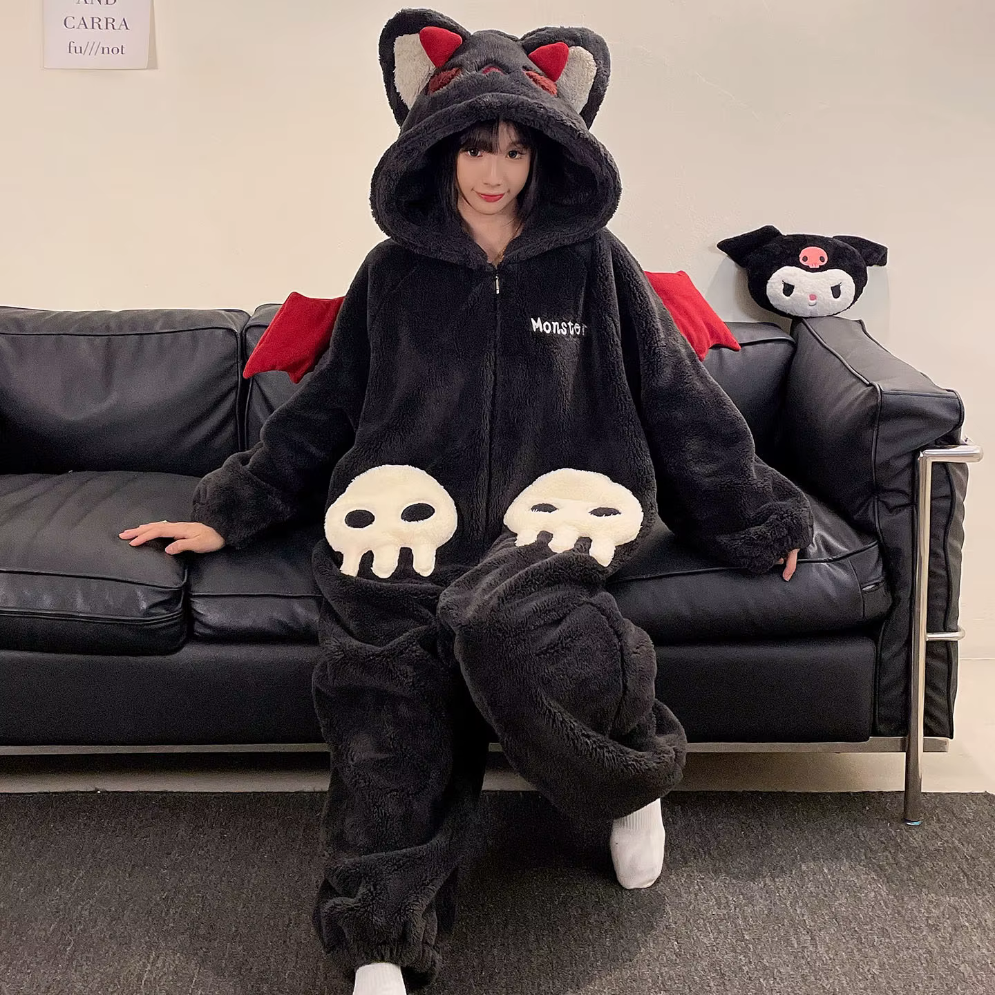 Dessin animé diable pyjamas Couples femmes hommes Onesie vêtements de nuit hiver épaissir à capuche 