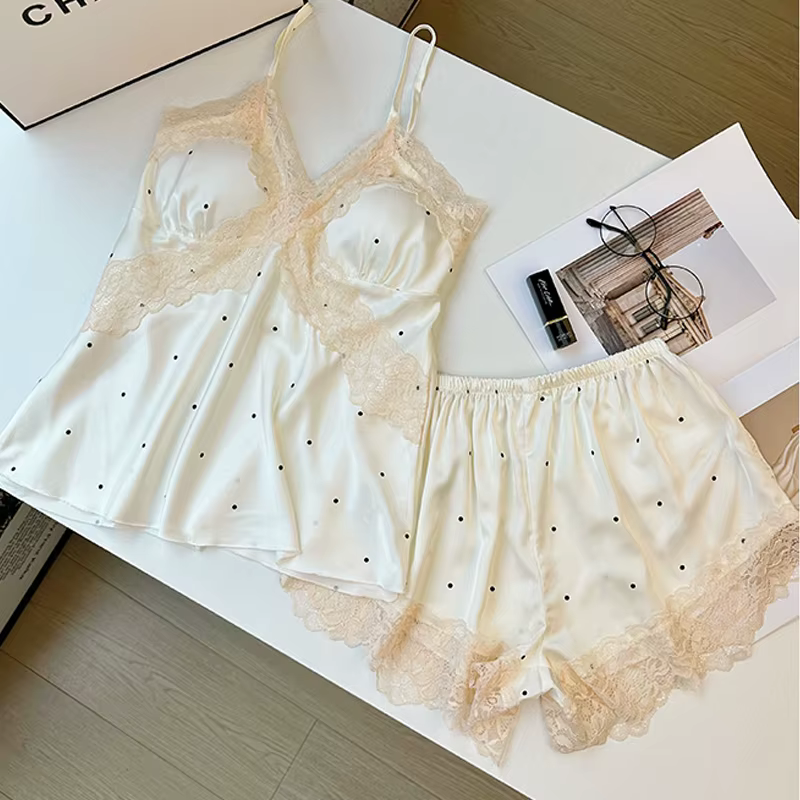 Ensemble pyjama à bretelles pour femmes, costume d'été Sexy en dentelle à pois, vêtements de nuit en