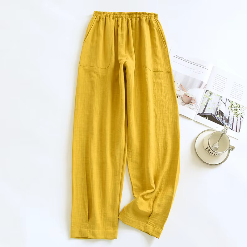Pyjama décontracté en coton et lin pour femmes, pantalon à jambes larges, taille élastique, ample, D