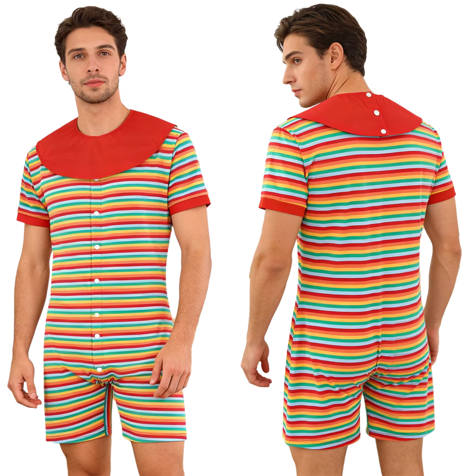 Pyjama rayé pour hommes, combinaison avec bavoirs amovibles, chemise de nuit, manches courtes, short
