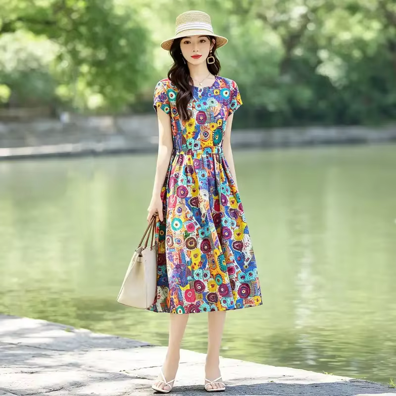 Robe bohème en coton et lin à fleurs pour femmes, manches courtes, ceinture à nouer, robe midi ample
