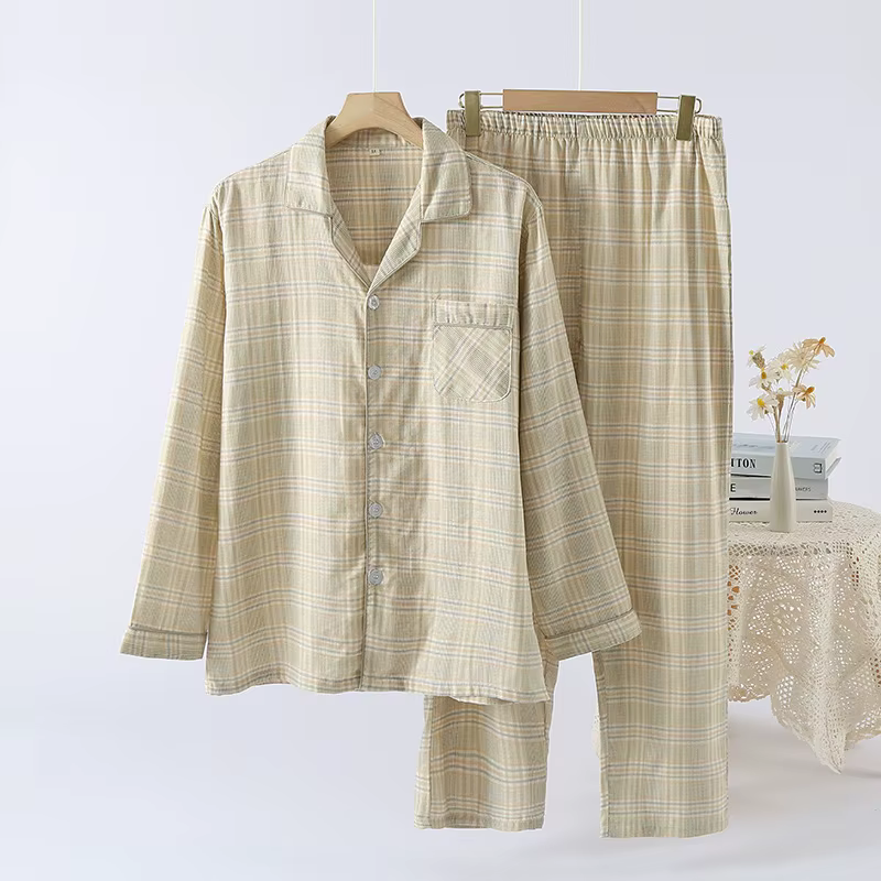 Pyjama Double couche teint en fil pour hommes, vêtements de maison à carreaux en pur coton, pantalon