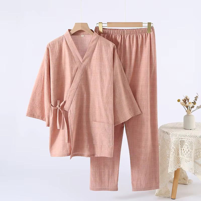 Pyjama Kimono pour Couple, fil de coton pur, manches trois quarts, pantalon, vêtements de détente, c
