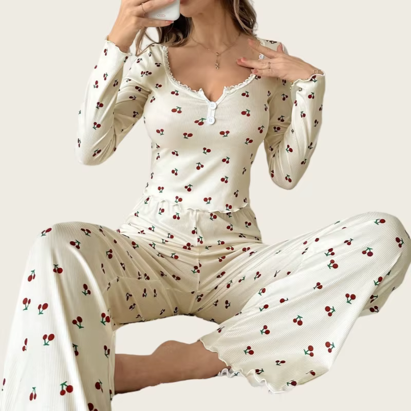 Nouvel ensemble décontracté imprimé cerises pour femme – Vêtements de détente et pyjamas à manches l
