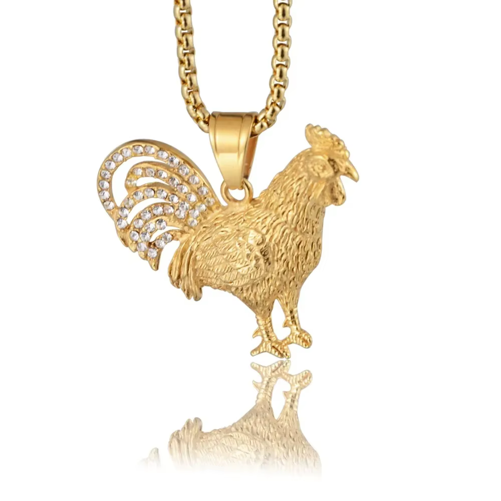 Collier avec pendentif coq galique en acier inoxydable, couleur or, pour hommes/femmes, glacé, scint