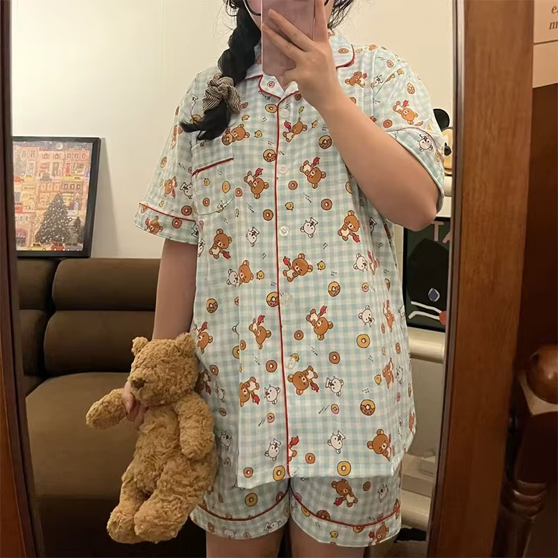 Pyjama Kawaii Rilakkumas pour femmes, t-shirt d'été à manches courtes, dessin animé mignon, ensemble