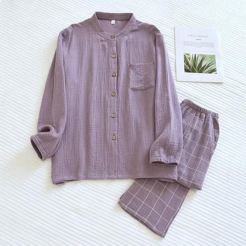 Ensemble de vêtements de nuit pour couple, style japonais, tissu crêpe 100% coton, manches longues, 