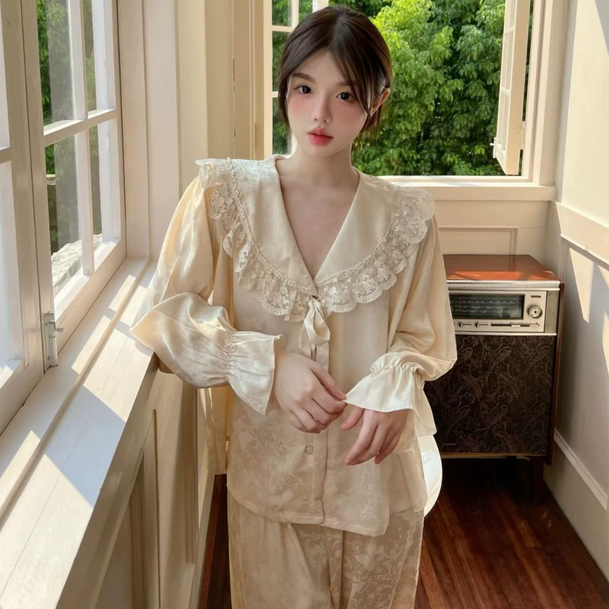 Femme dentelle garniture grand revers 2 pièces Pyjamas ensemble maison vêtements élégant Jacquard Py