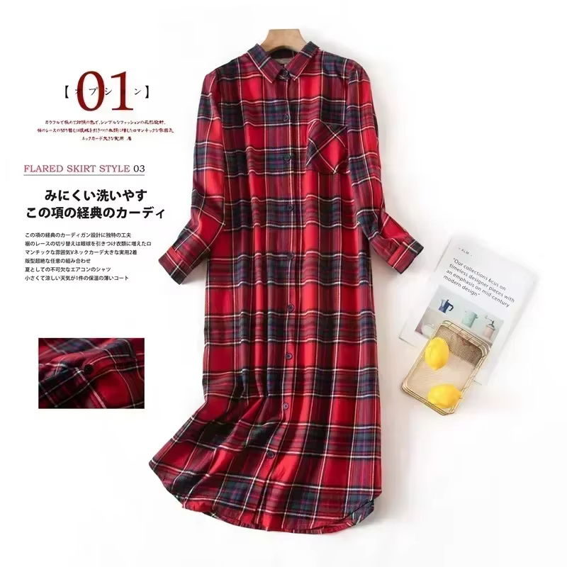 Chemise de nuit à manches longues pour femme, tenue de nuit à carreaux, multicolore, grande taille, 