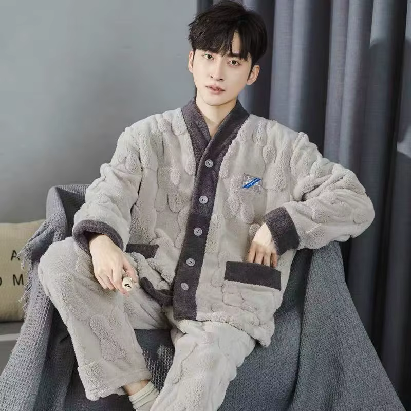2025 pyjama en flanelle pour hommes deux pièces mode bouton col en v épaissir chaud maison costume d