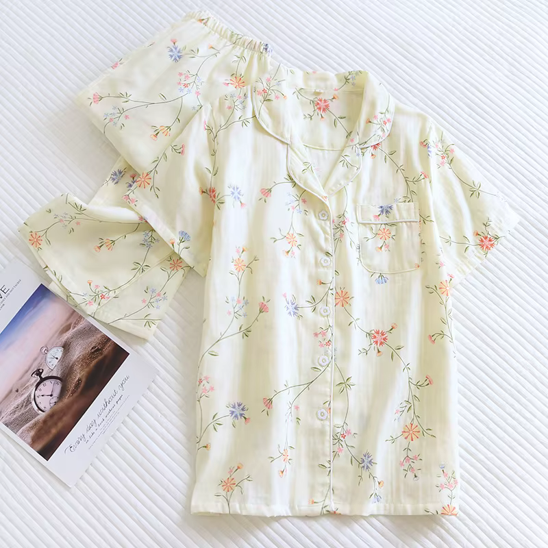 Pyjama d'été 2026 pour femme, ensemble en gaze 100 % coton à manches courtes et pantalon, imprimé mi