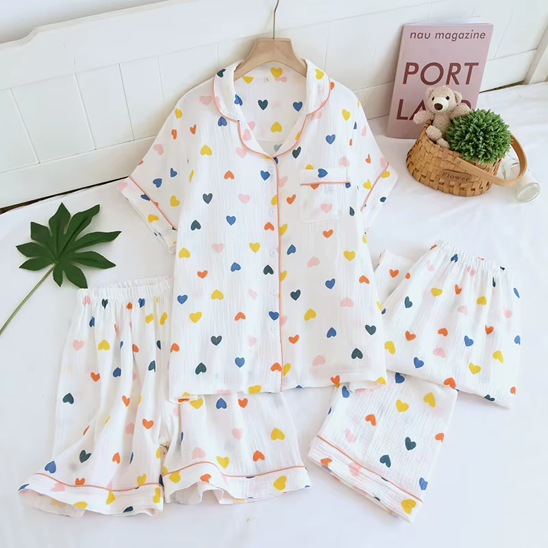 Été femmes pyjamas 3 pièces ensemble 100% gaze coton vêtements de nuit féminins chambre ensemble à m