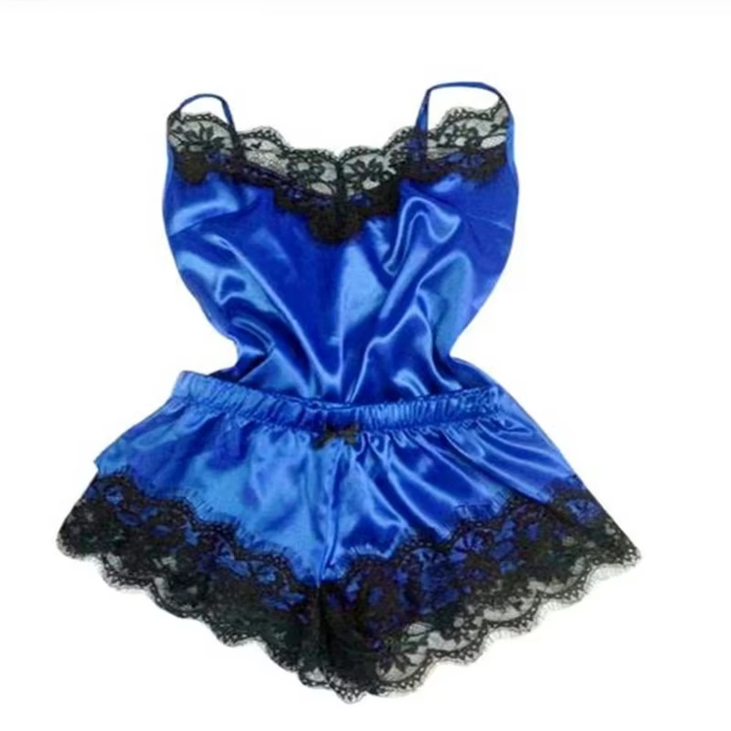 Mode femmes pyjama costume col en v Stretch Satin nuisette dentelle Sexy Lingerie nœud papillon pyja