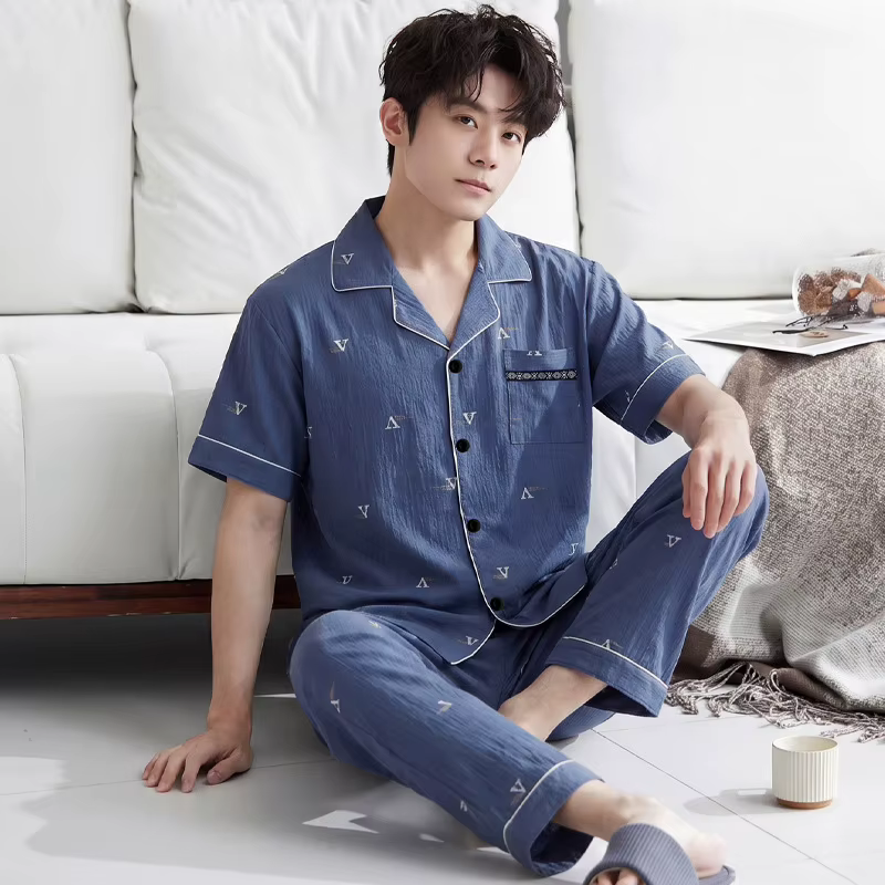 Pyjama décontracté pour homme, style luxe léger, imprimé lettres tendance, manches courtes et pantal