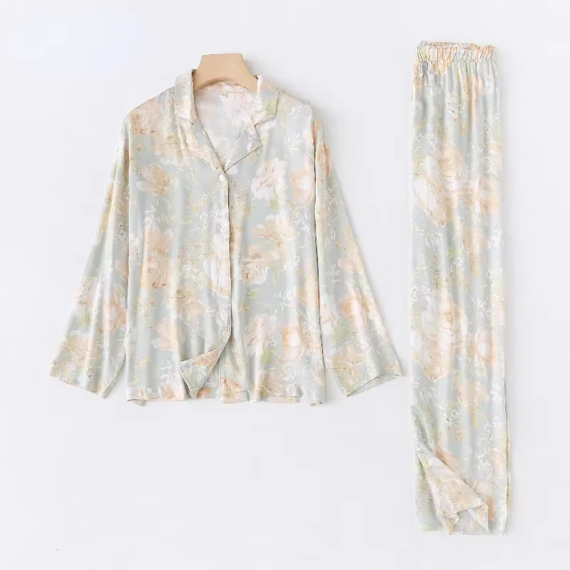 Ensembles de pyjamas à manches longues College de fleurs vertes en viscose fraîche pour femmes, vête