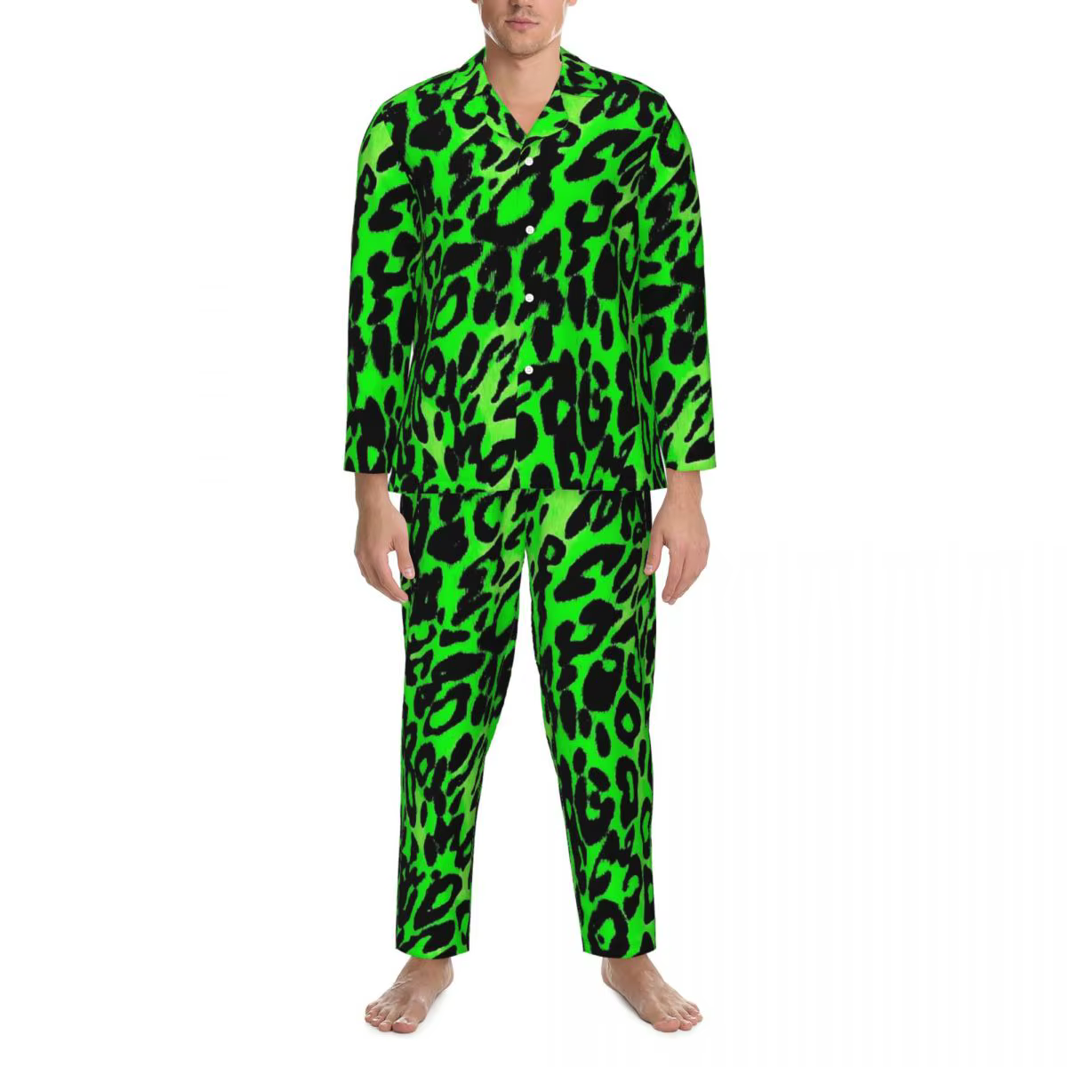 Pyjama Bergame Léopard Vert pour Homme, Vêtements de Nuit Kawaii, Imprimé Animal, Manches sulf, Cham