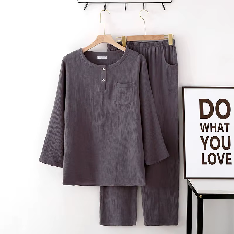 Pyjama pour homme, nouveau style printemps-été, 100% coton crêpe, deux boutons, pantalon à manches l