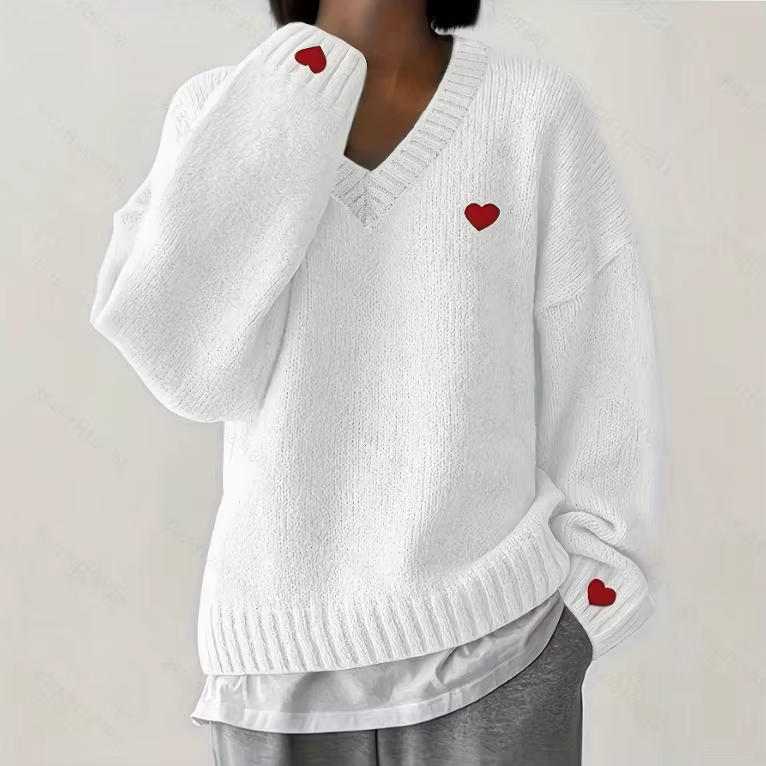 Pull brodé de cœur pour femmes, col en V, surdimensionné, romantique, haut décontracté