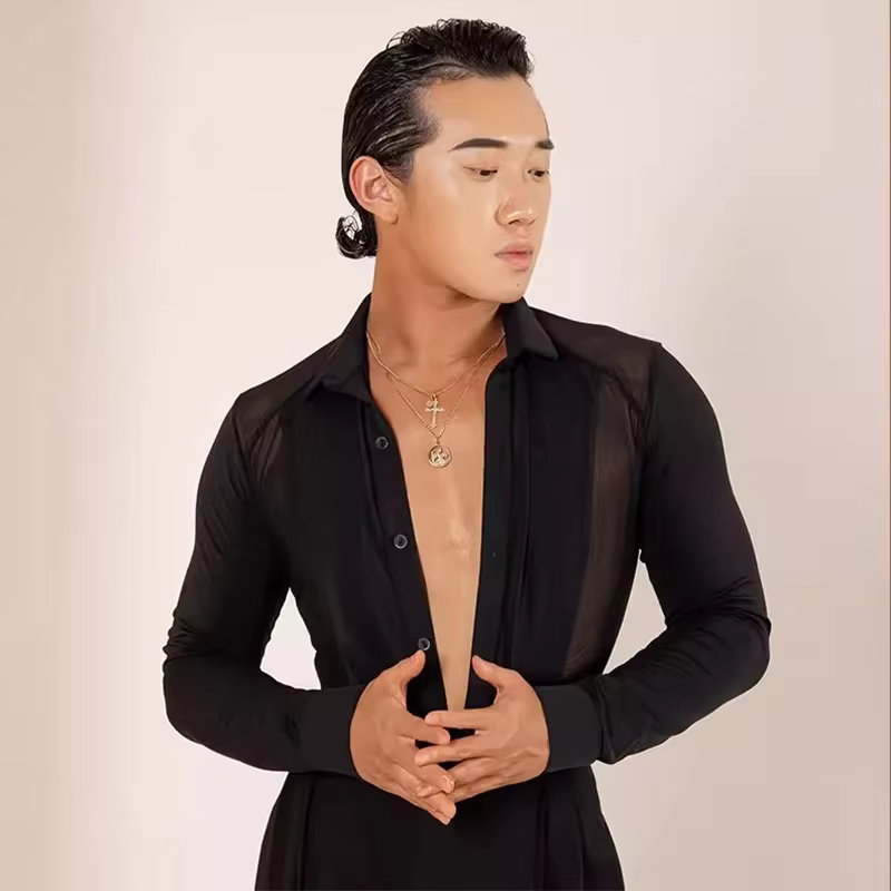 Costume de spectacle de danse Cha Cha Rumba Salsa chemise maille noire hauts de danse latine hommes 