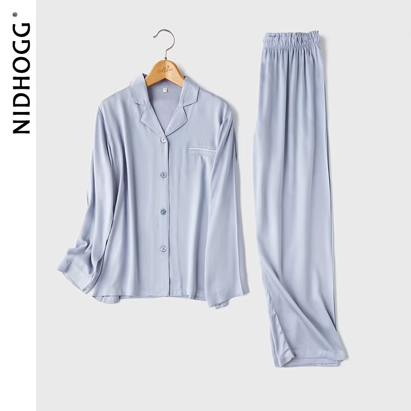 Pyjama en Satin à Manches sulfet Col Rabattu pour Couple, Vêtement de Nuit 2 Pièces, Couleur Unie, a